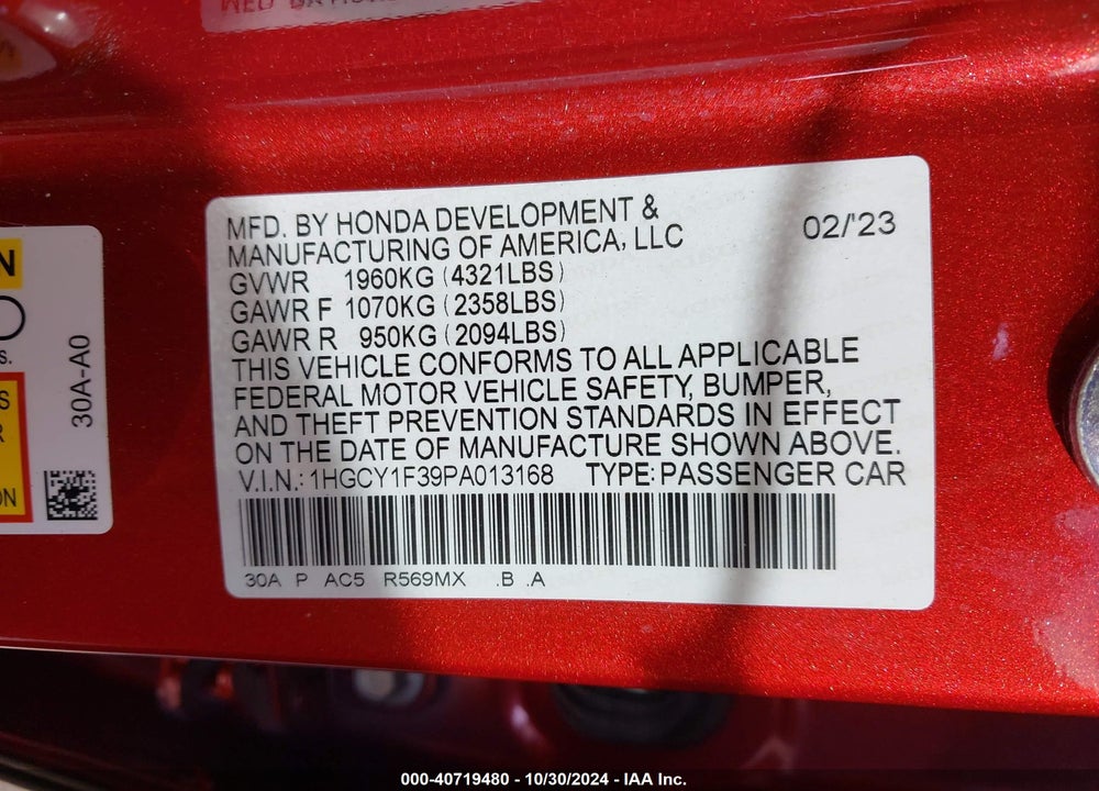 2023 HONDA ACCORD EX VIN: 1HGCY1F39PA013168