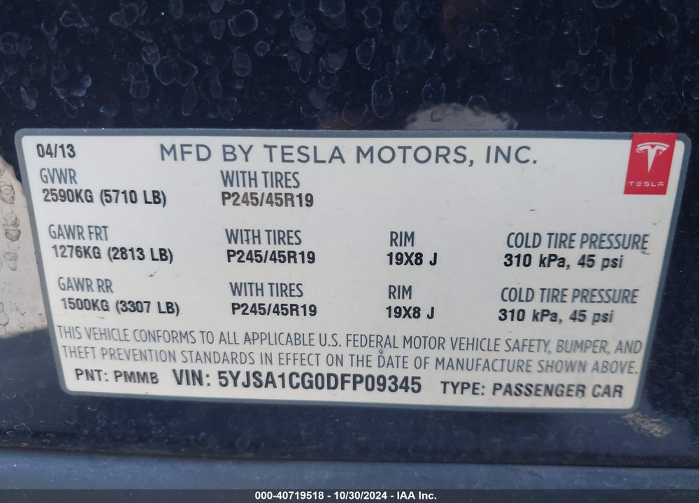 2013 TESLA MODEL S VIN: 5YJSA1CG0DFP09345