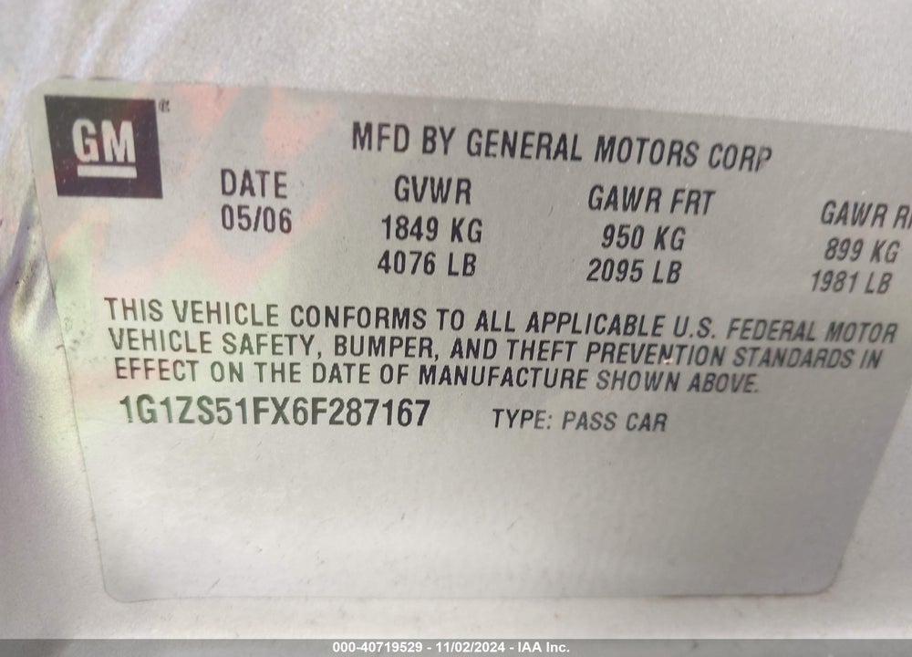 2006 CHEVROLET MALIBU LS VIN: 1G1ZS51FX6F287167