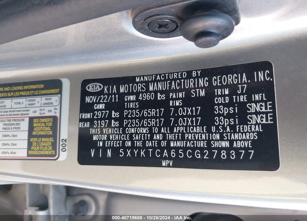 2012 KIA SORENTO LX VIN: 5XYKTCA65CG278377