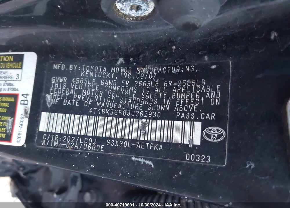 2008 TOYOTA AVALON LIMITED VIN: 4T1BK36B88U262930
