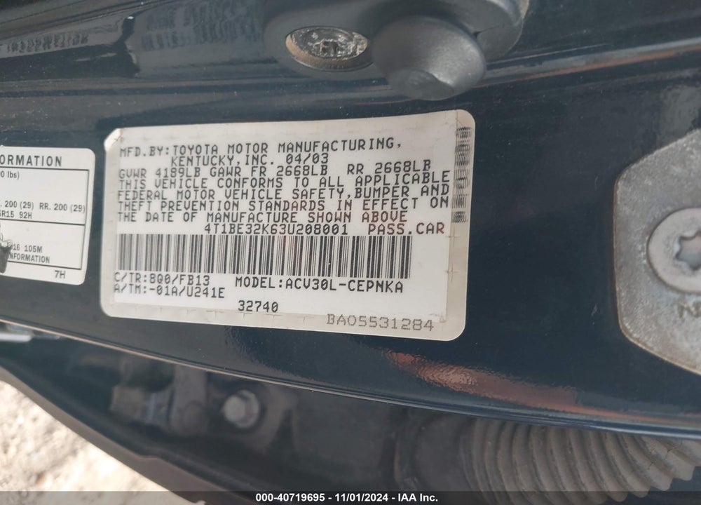 2003 TOYOTA CAMRY LE VIN: 4T1BE32K63U208001