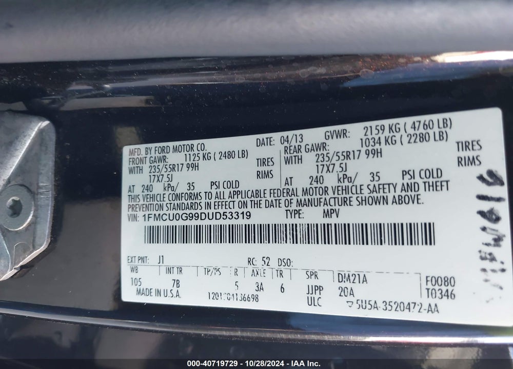 2013 FORD ESCAPE SE VIN: 1FMCU0G99DUD53319