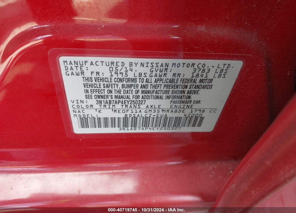 2014 NISSAN SENTRA S VIN: 3N1AB7AP4EY250327