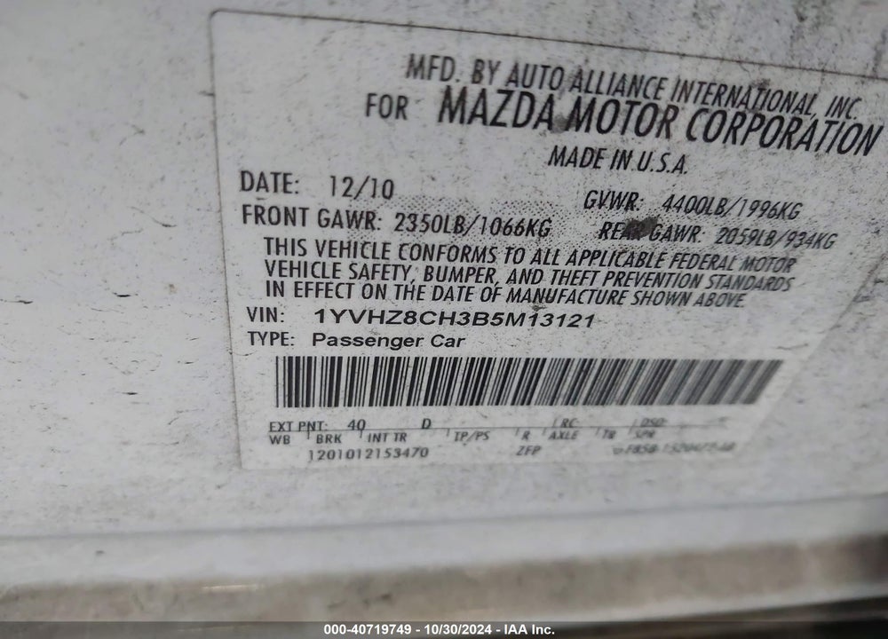 2011 MAZDA 6 I TOURING PLUS VIN: 1YVHZ8CH3B5M13121