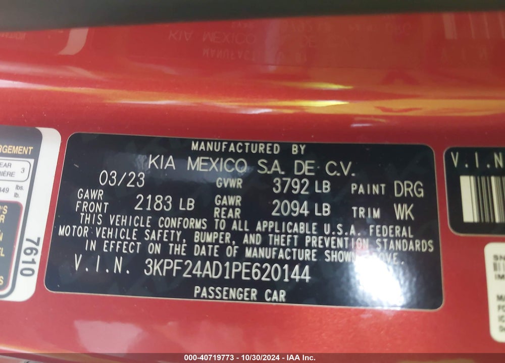 2023 KIA FORTE LXS VIN: 3KPF24AD1PE620144