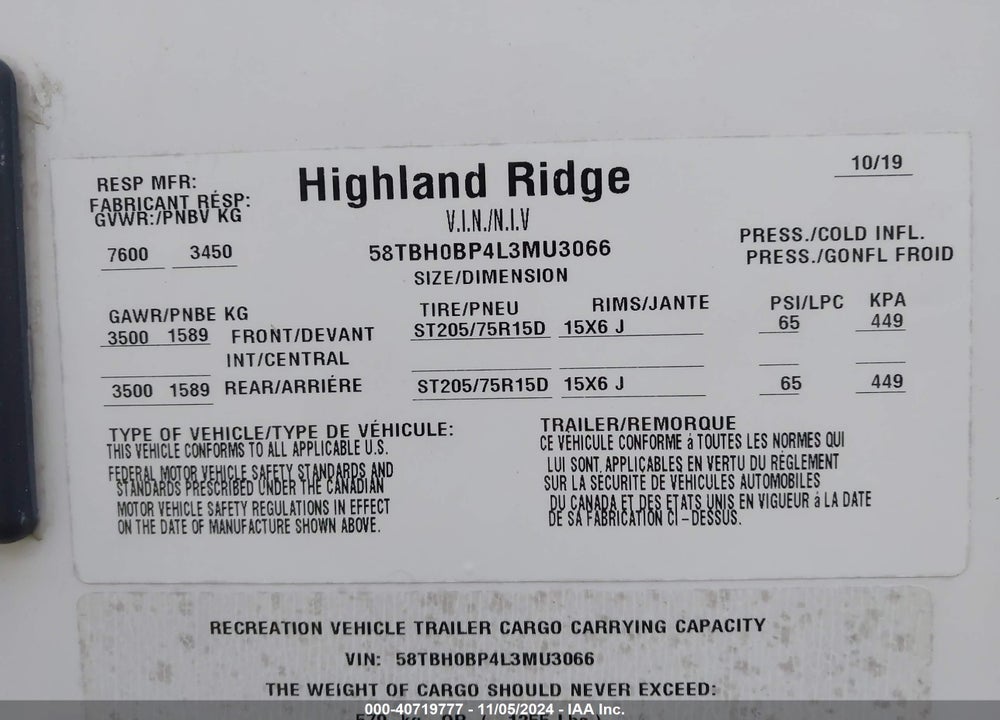 2020 HIGHLAND RIDGE OTHER VIN: 58TBH0BP4L3MU3066