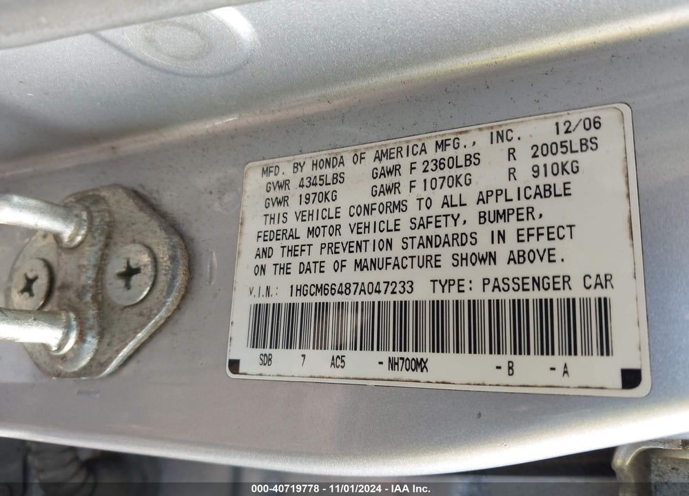 2007 HONDA ACCORD 3.0 SE VIN: 1HGCM66487A047233