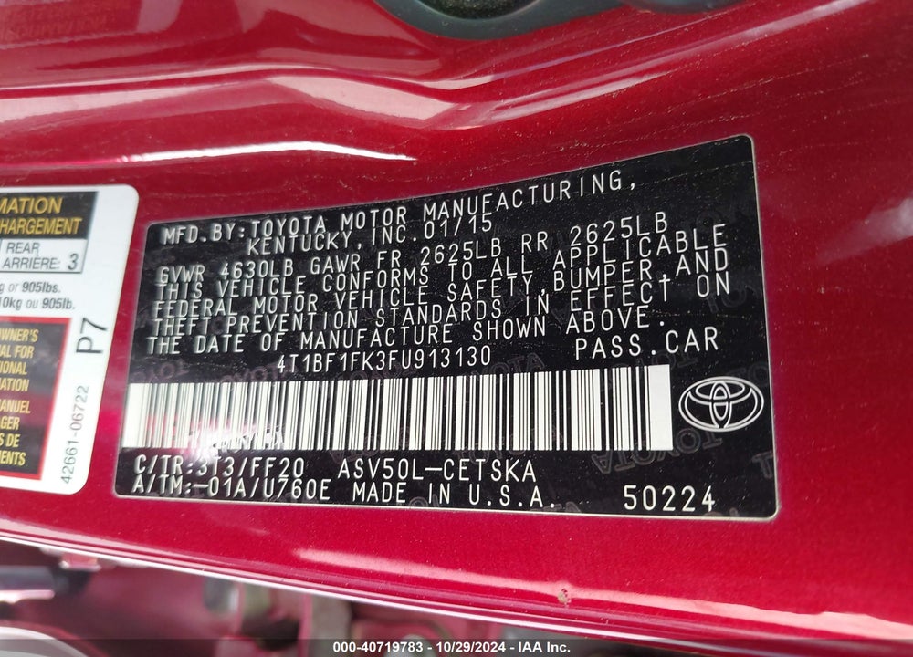 2015 TOYOTA CAMRY SE VIN: 4T1BF1FK3FU913130