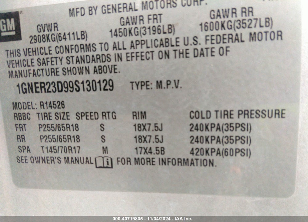 2009 CHEVROLET TRAVERSE LT VIN: 1GNER23D99S130129