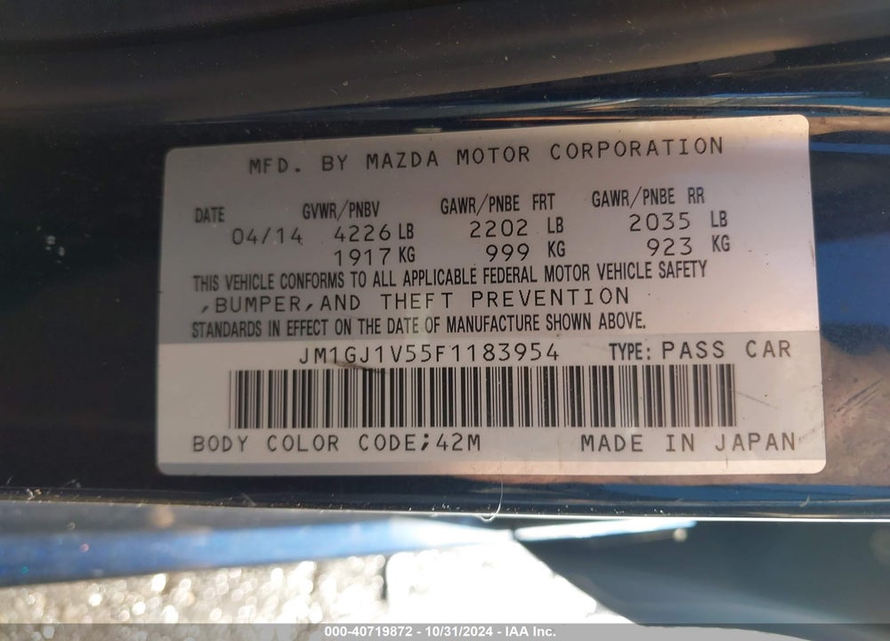 2015 MAZDA 6 VIN: JM1GJ1V55F1183954