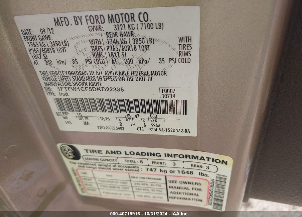 2013 FORD F-150 VIN: 1FTFW1CF5DKD22335