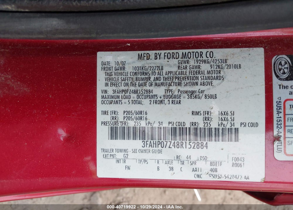 2008 FORD FUSION SE VIN: 3FAHP07Z48R152884