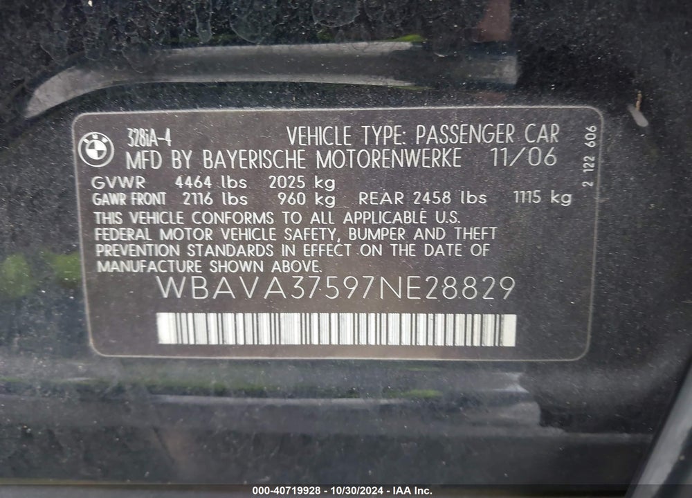 2007 BMW 328I VIN: WBAVA37597NE28829