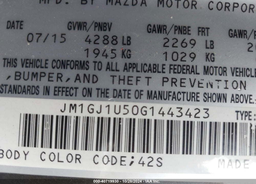 2016 MAZDA 6 I SPORT VIN: JM1GJ1U50G1443423