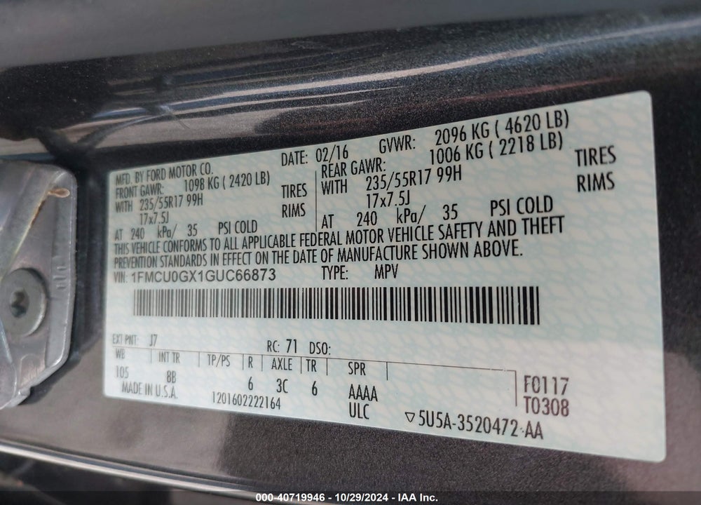 2016 FORD ESCAPE SE VIN: 1FMCU0GX1GUC66873
