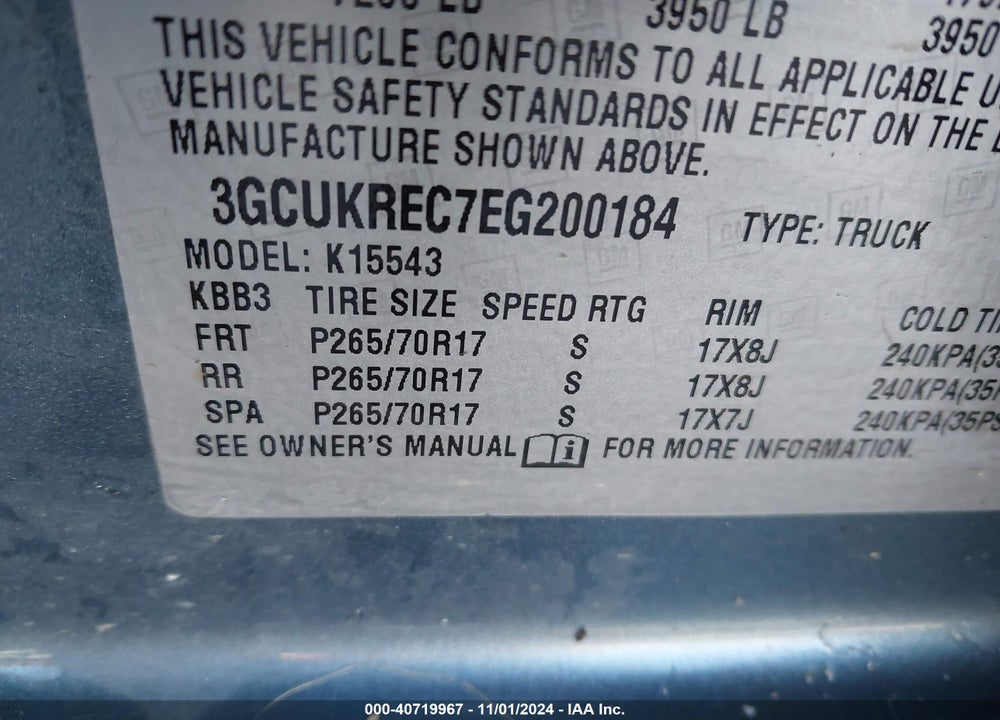 2014 CHEVROLET SILVERADO 1500 VIN: 3GCUKREC7EG200184