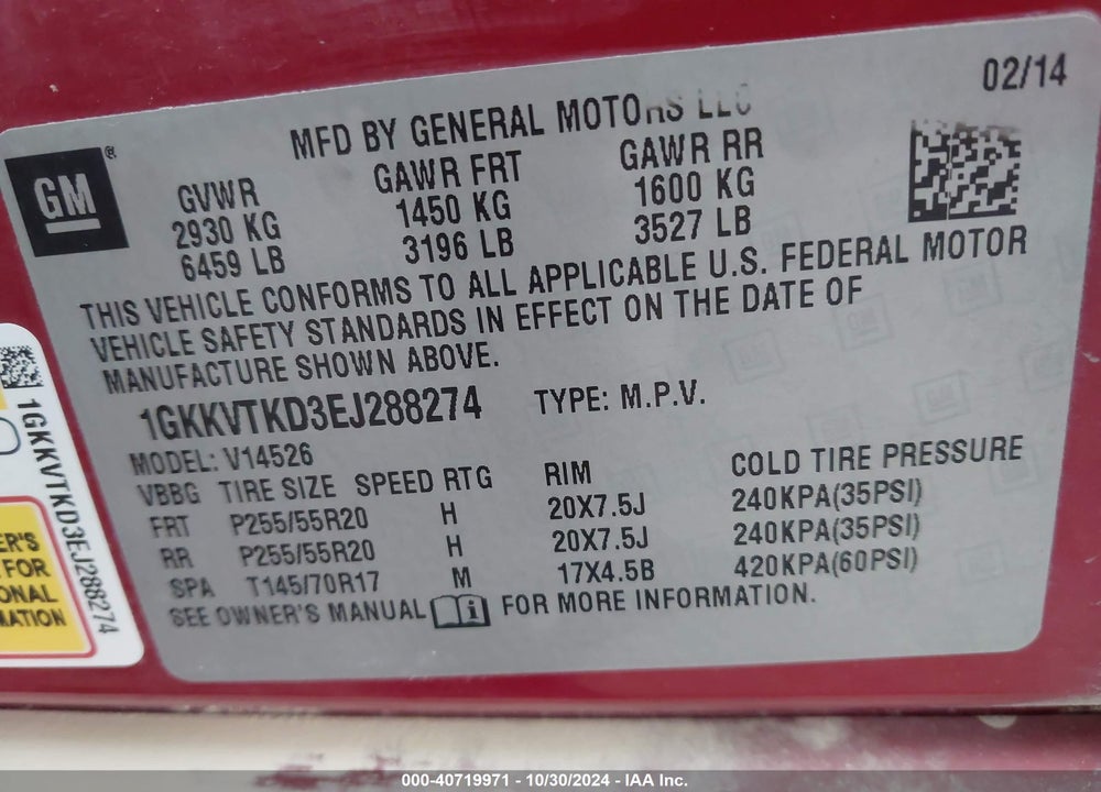 2014 GMC ACADIA DENALI VIN: 1GKKVTKD3EJ288274