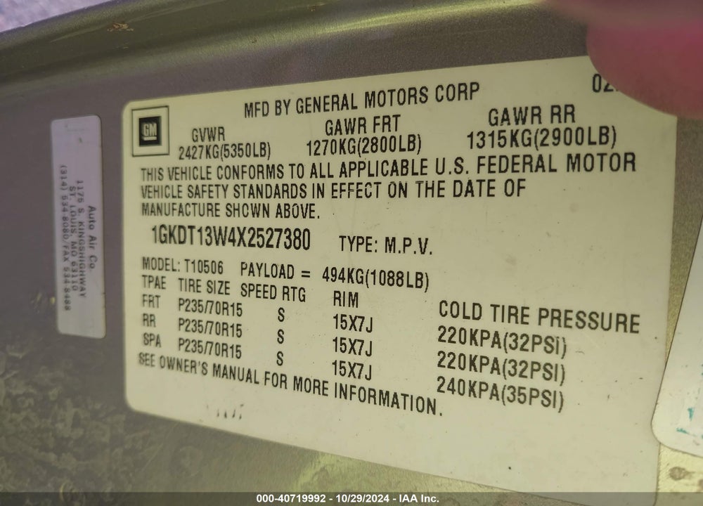 1999 GMC JIMMY VIN: 1GKDT13W4X2527380