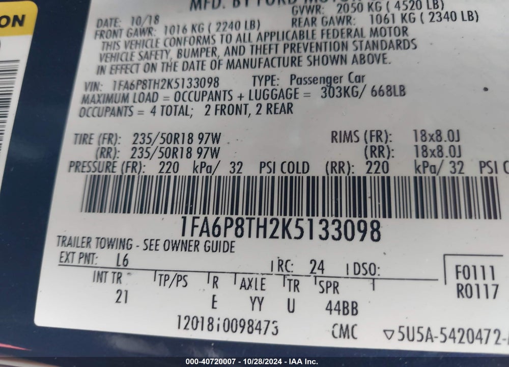 2019 FORD MUSTANG VIN: 1FA6P8TH2K5133098