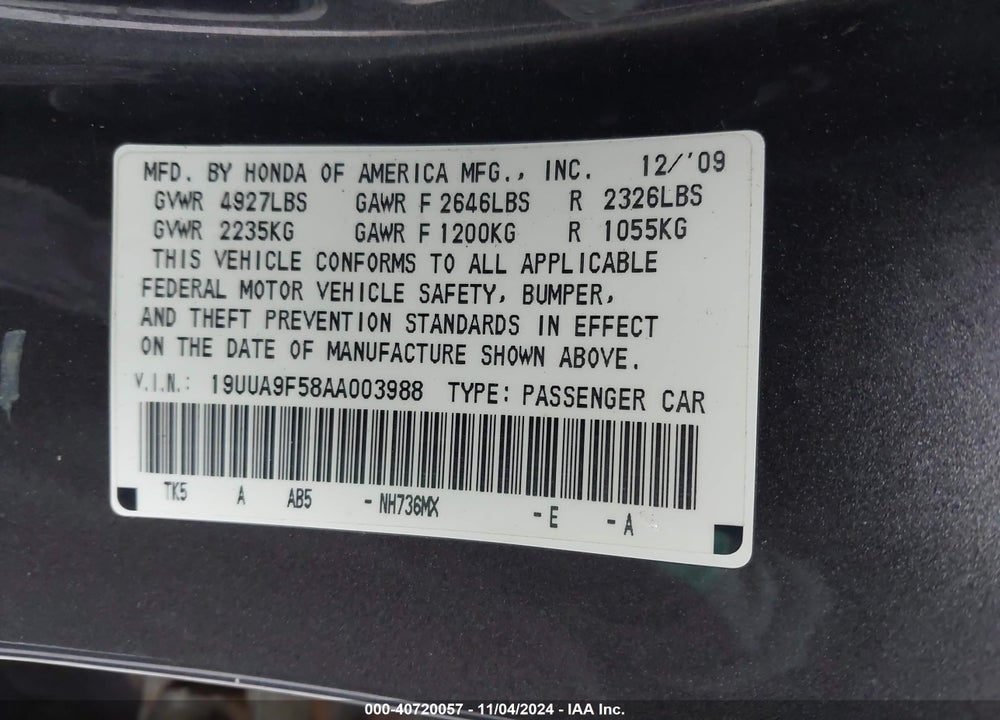 2010 ACURA TL 3.7 VIN: 19UUA9F58AA003988