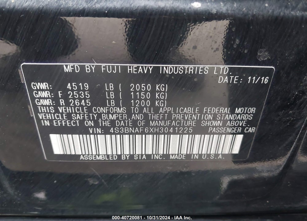 2017 SUBARU LEGACY 2.5I PREMIUM VIN: 4S3BNAF6XH3041225