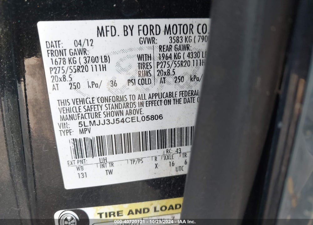 2012 LINCOLN NAVIGATOR L VIN: 5LMJJ3J54CEL05806