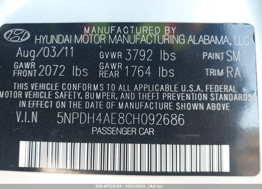 2012 HYUNDAI ELANTRA LIMITED VIN: 5NPDH4AE8CH092686