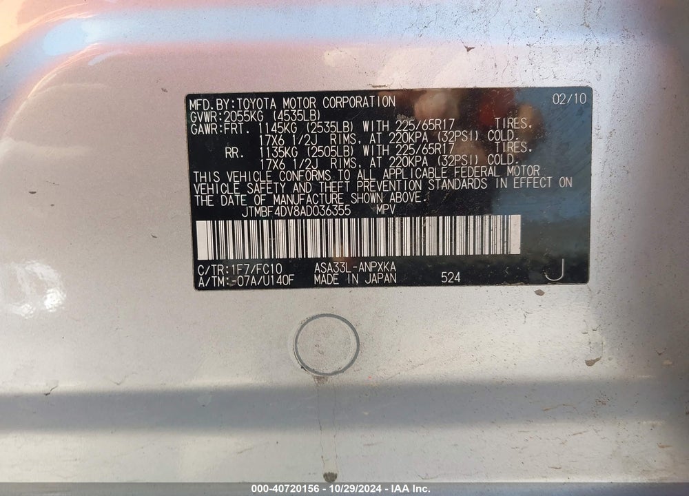 2010 TOYOTA RAV4 VIN: JTMBF4DV8AD036355