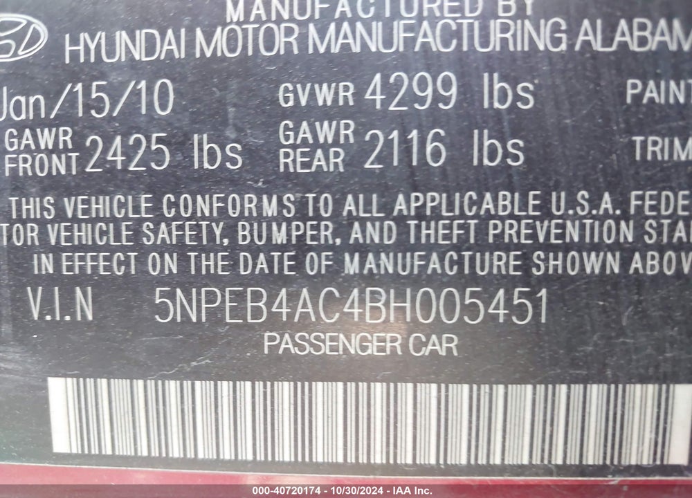 2011 HYUNDAI SONATA GLS VIN: 5NPEB4AC4BH005451