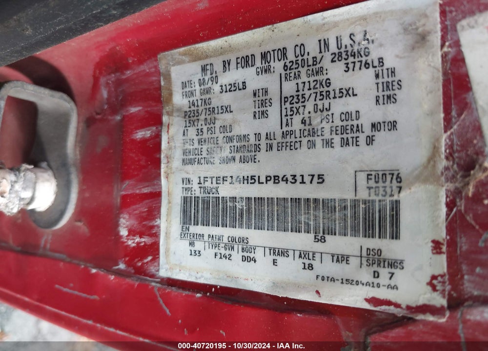 1990 FORD F150 VIN: 1FTEF14H5LPB43175