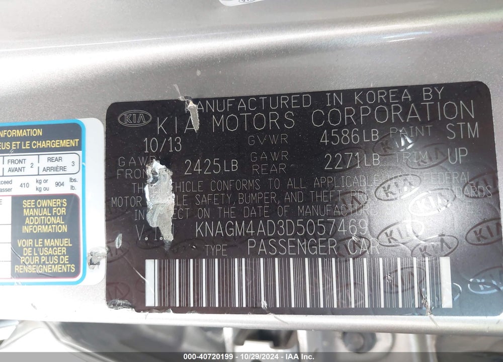 2013 KIA OPTIMA HYBRID LX VIN: KNAGM4AD3D5057469