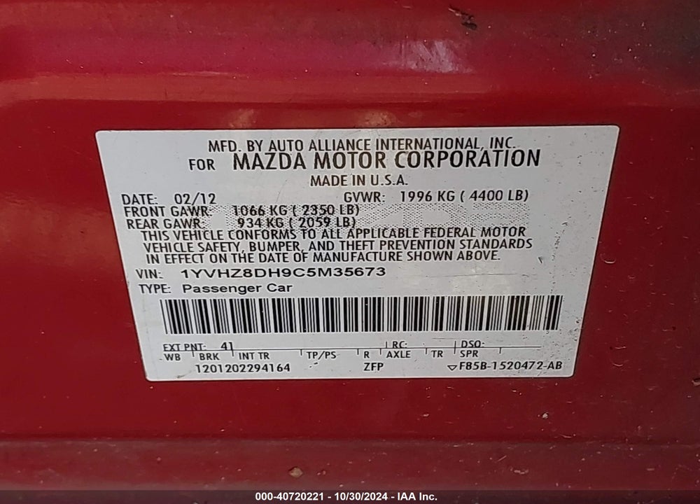 2012 MAZDA 6 VIN: 1YVHZ8DH9C5M35673