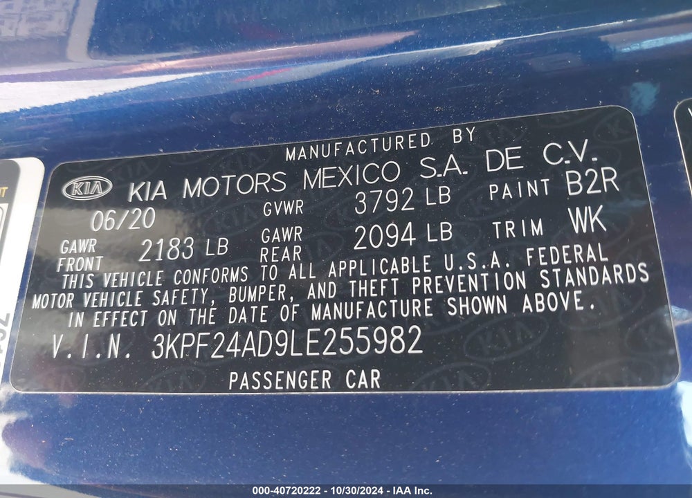 2020 KIA FORTE VIN: 3KPF24AD9LE255982