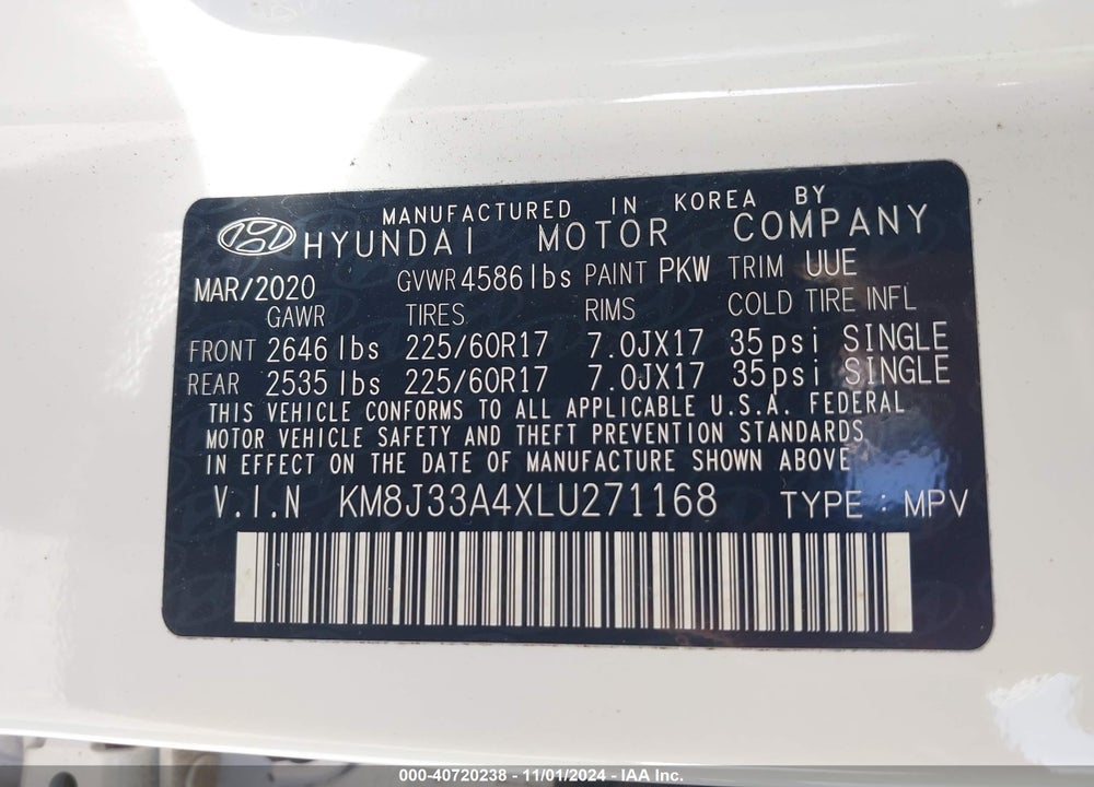 2020 HYUNDAI TUCSON VALUE VIN: KM8J33A4XLU271168