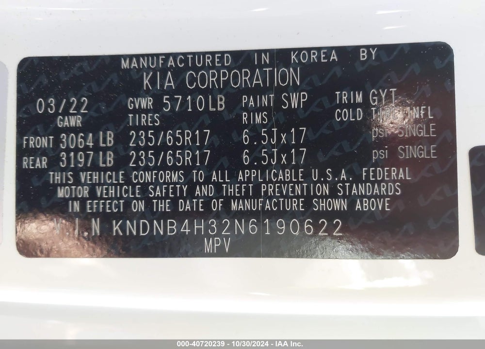 2022 KIA CARNIVAL MPV LX SEAT PACKAGE VIN: KNDNB4H32N6190622