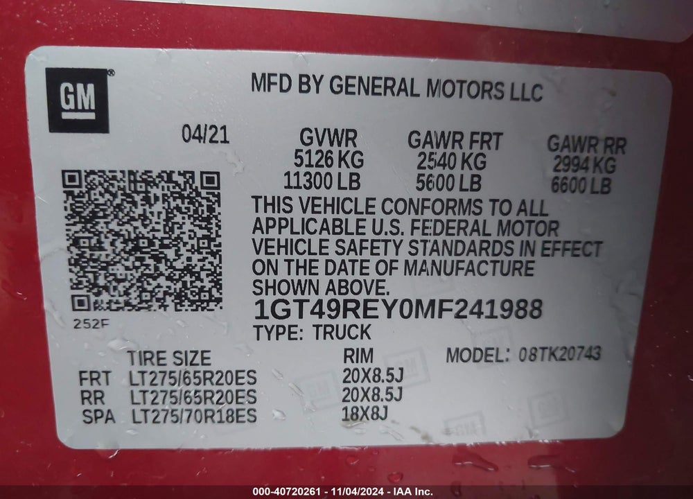 2021 GMC SIERRA 2500HD 4WD  STANDARD BED DENALI VIN: 1GT49REY0MF241988