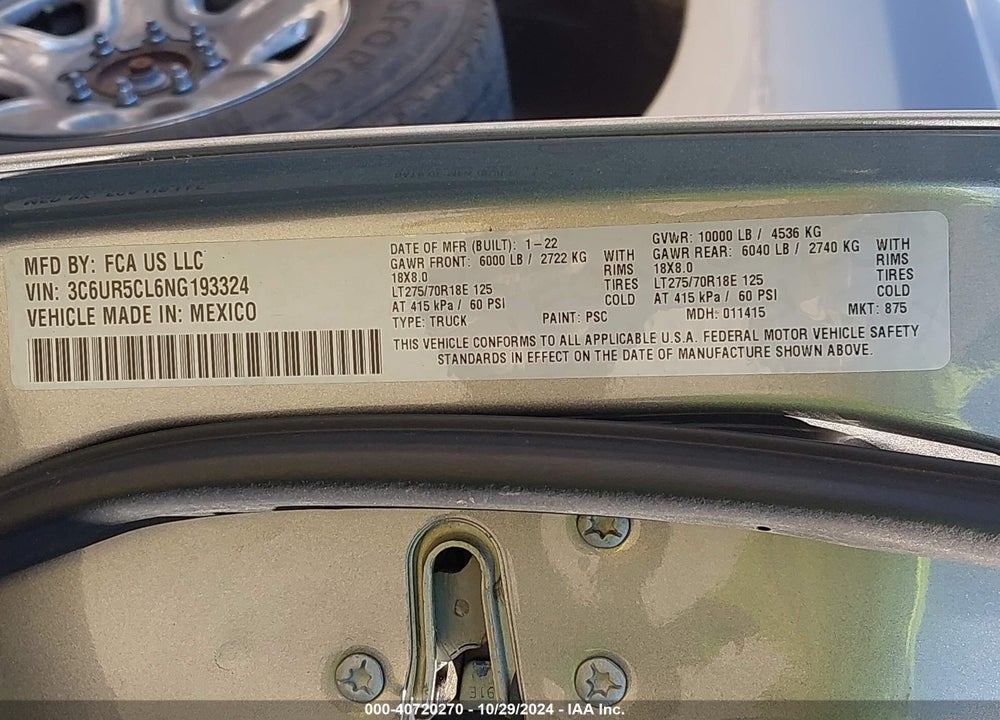 2022 RAM 2500 TRADESMAN 4X4 6'4 BOX VIN: 3C6UR5CL6NG193324