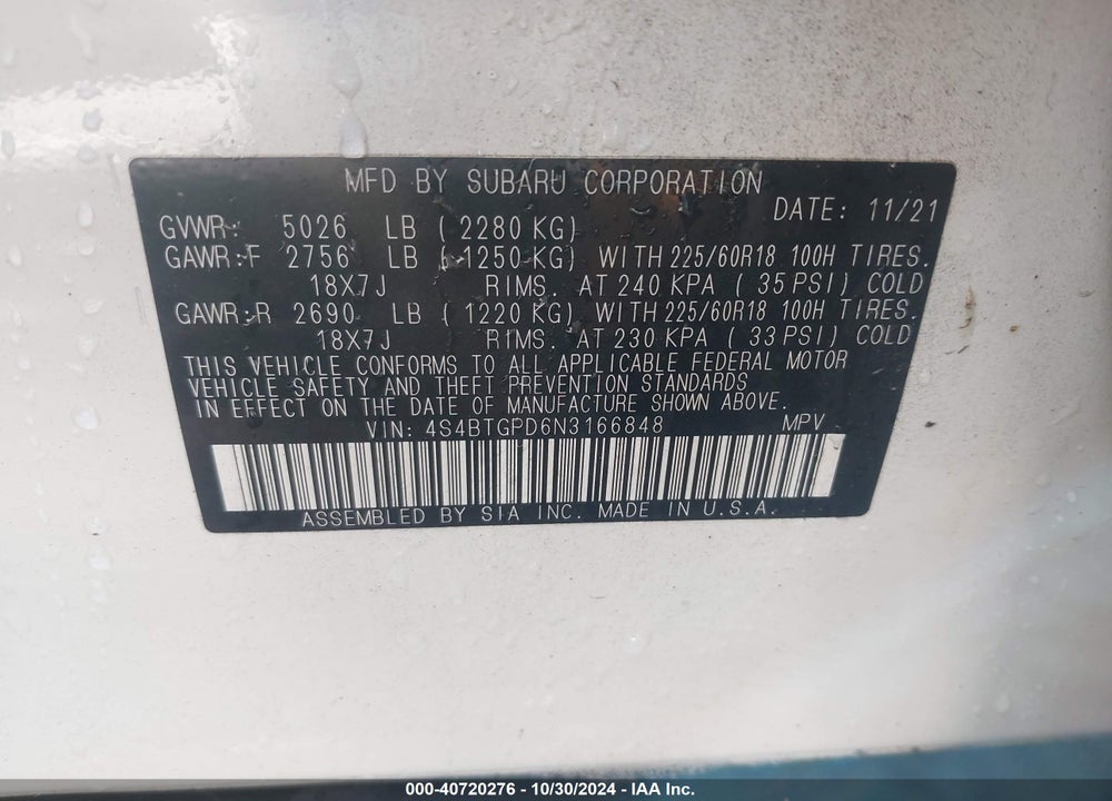 2022 SUBARU OUTBACK TOURING XT VIN: 4S4BTGPD6N3166848