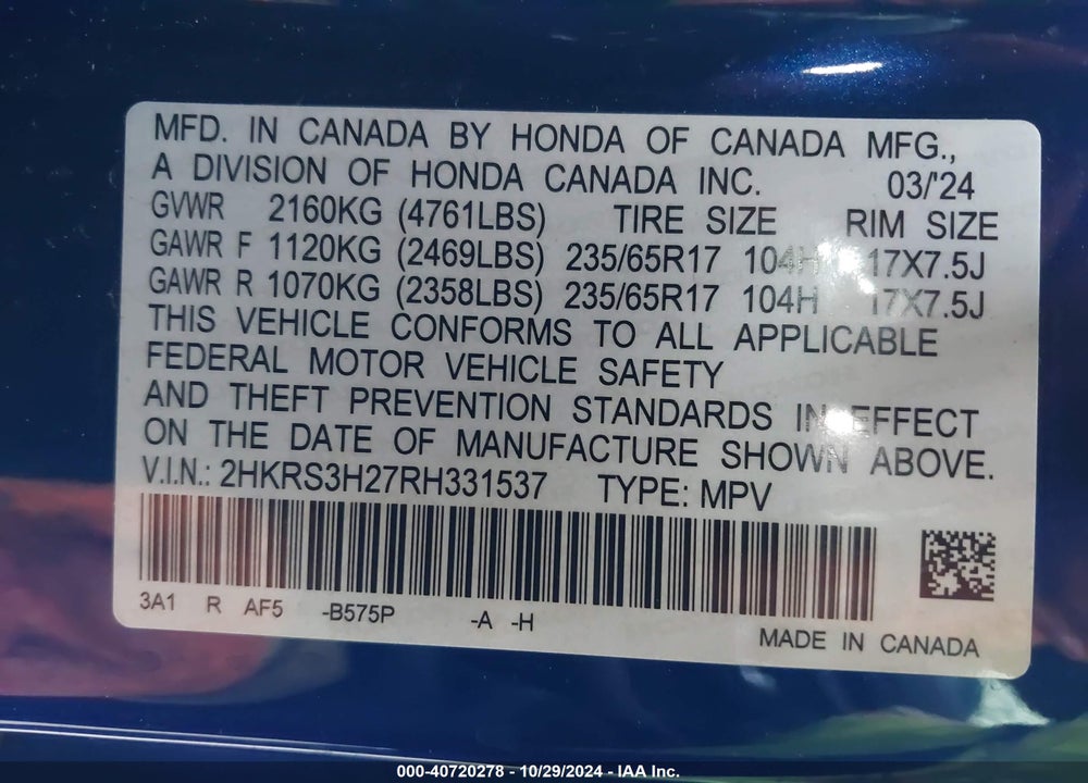 2024 HONDA CR-V LX 2WD VIN: 2HKRS3H27RH331537
