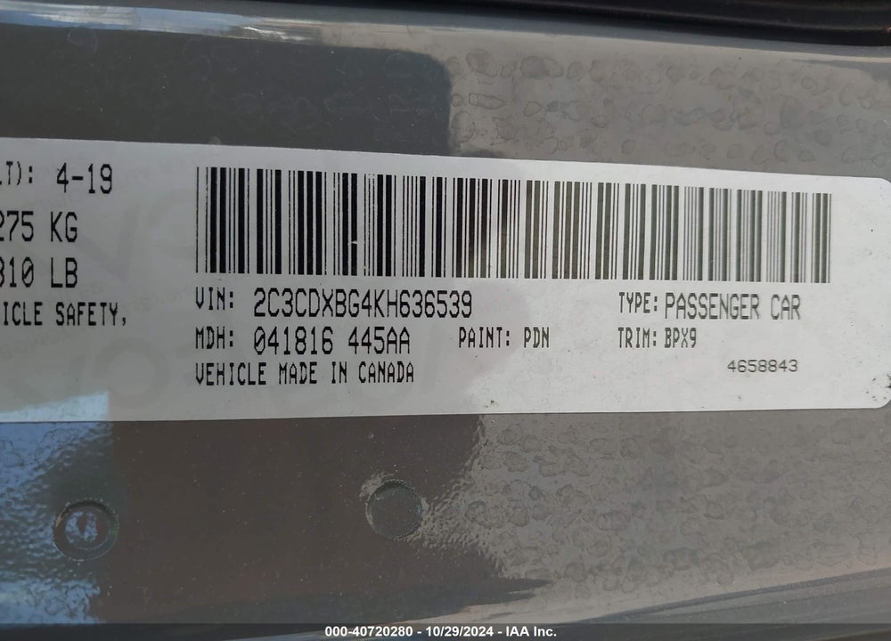 2019 DODGE CHARGER SXT RWD VIN: 2C3CDXBG4KH636539