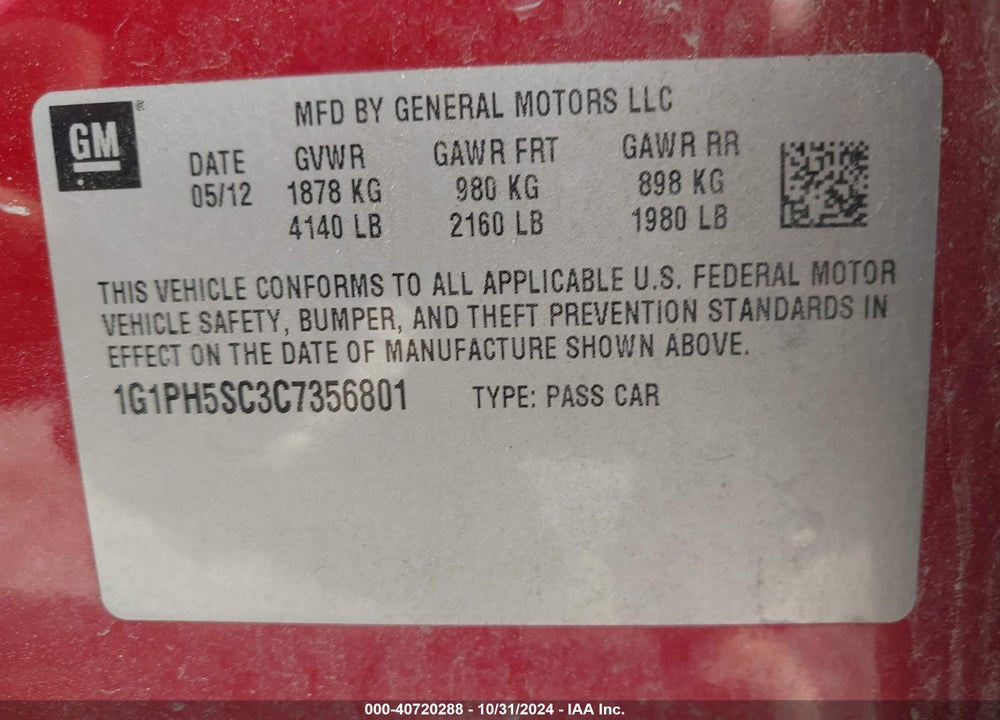 2012 CHEVROLET CRUZE VIN: 1G1PH5SC3C7356801
