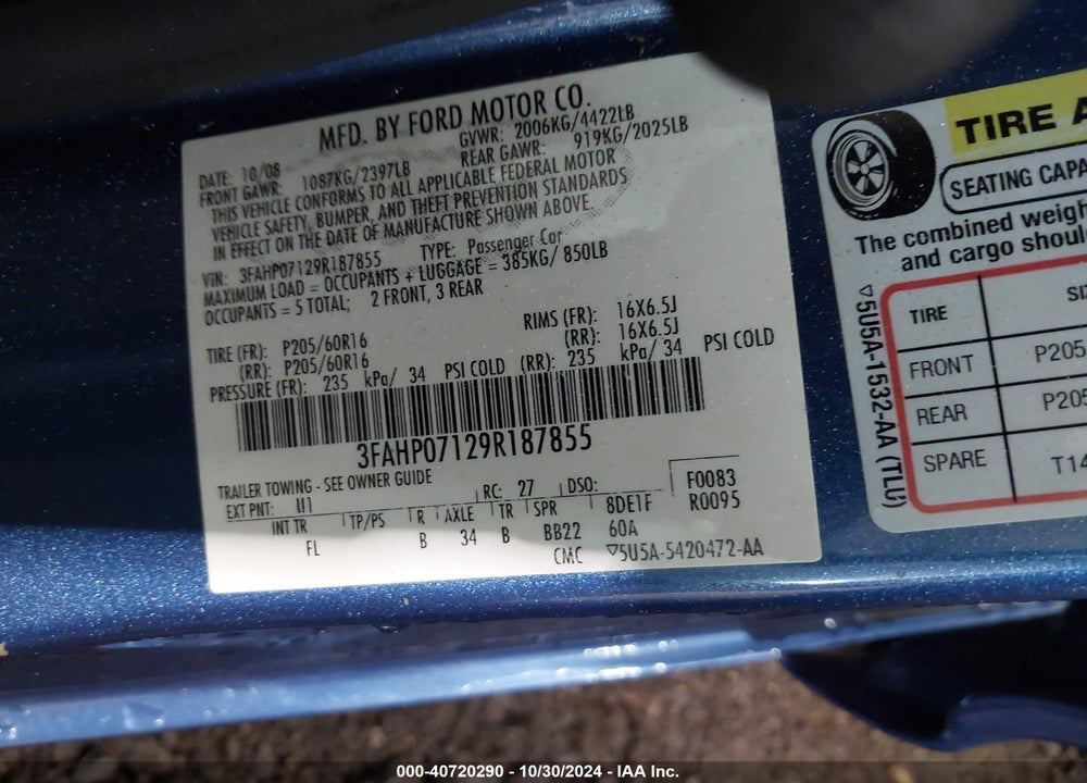 2009 FORD FUSION SE VIN: 3FAHP07129R187855