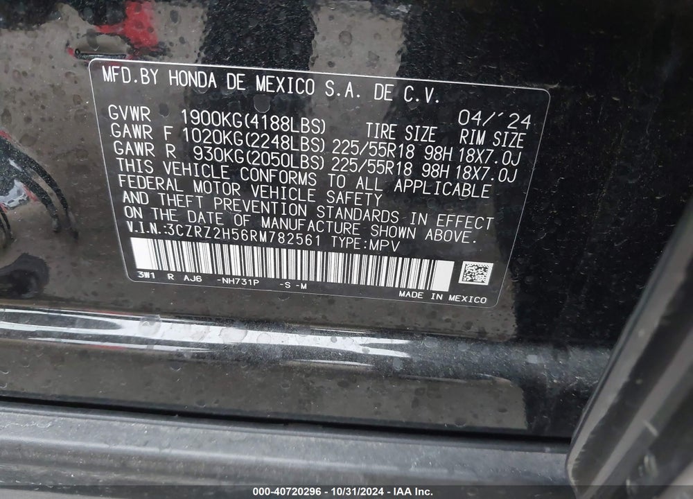 2024 HONDA HR-V AWD SPORT/AWD SPORT W/O BSI VIN: 3CZRZ2H56RM782561