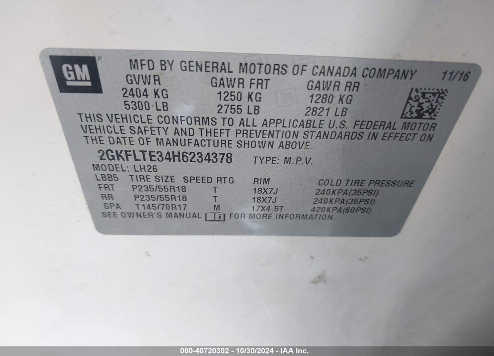 2017 GMC TERRAIN SLE-2 VIN: 2GKFLTE34H6234378