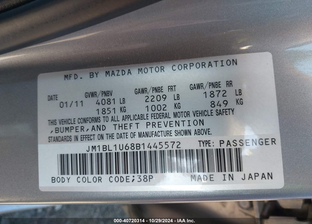2011 MAZDA 3 S VIN: JM1BL1U68B1445572