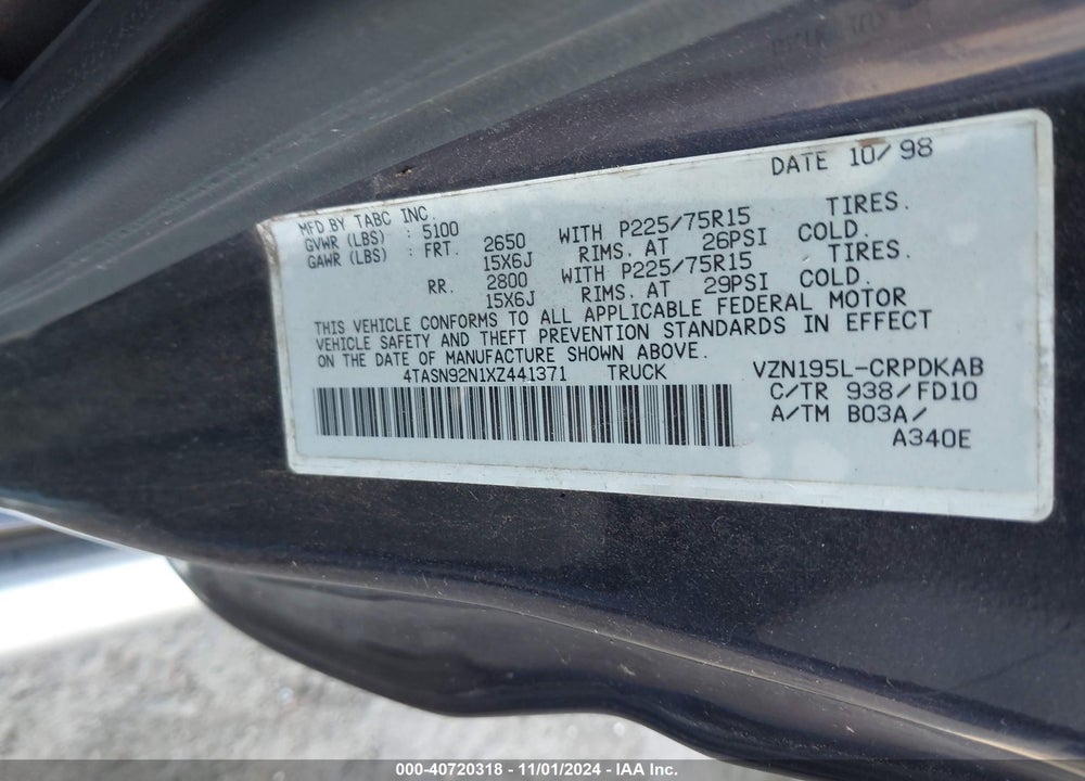 1999 TOYOTA TACOMA PRERUNNER V6 VIN: 4TASN92N1XZ441371