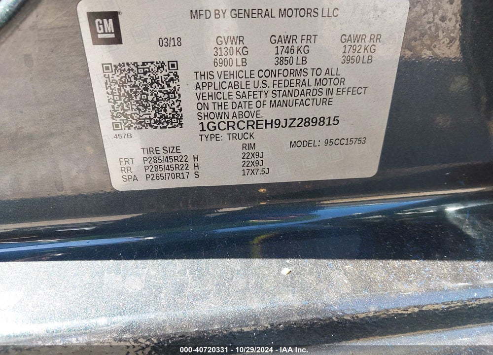 2018 CHEVROLET SILVERADO 1500 1LT VIN: 1GCRCREH9JZ289815