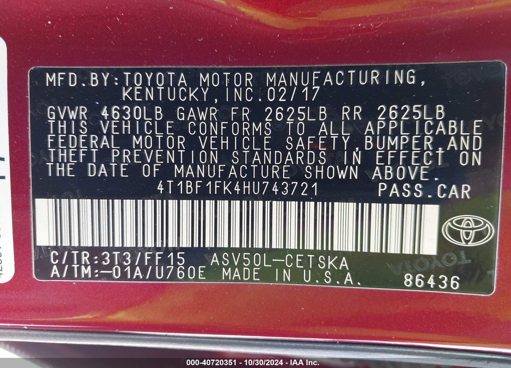 2017 TOYOTA CAMRY SE VIN: 4T1BF1FK4HU743721