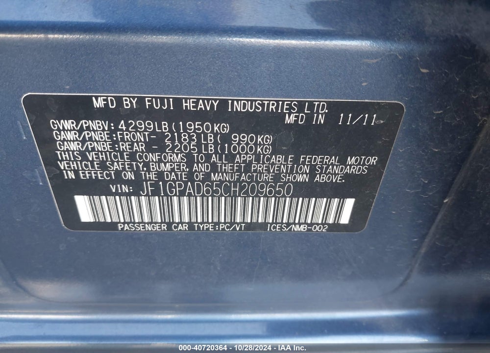2012 SUBARU IMPREZA 2.0I PREMIUM VIN: JF1GPAD65CH209650